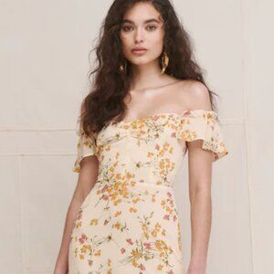 Reformation Floral Off-Shoulder Midi Dress in Cream and Yellow